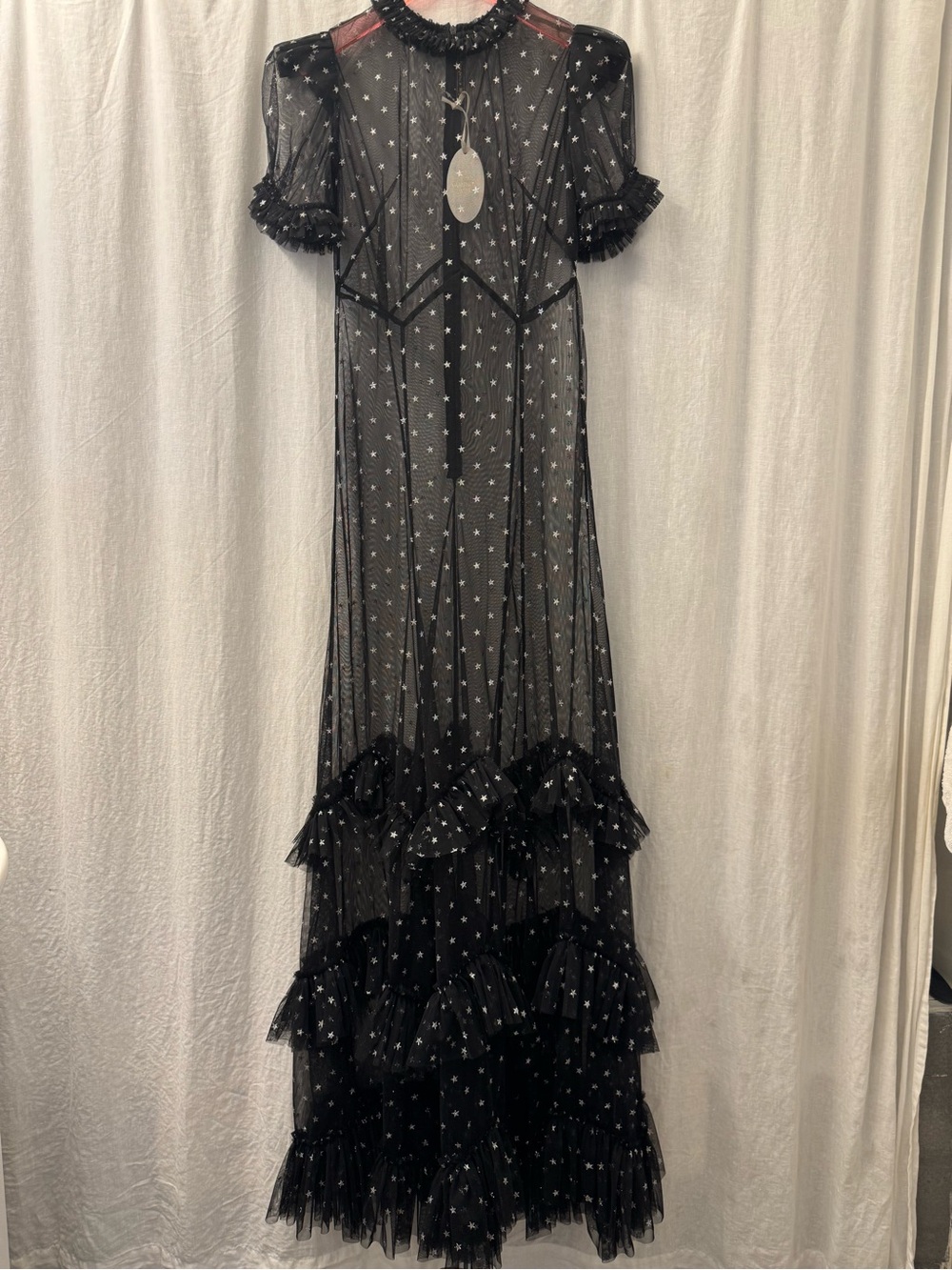 THE VAMPIRE'S WIFE NWT Sky Rocket Sheer Black Metallic Star Ruffle Maxi Dress 6